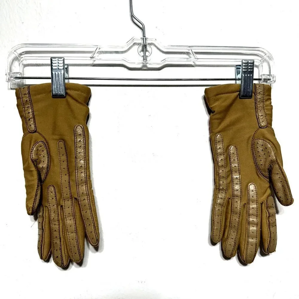 Vintage Driving Gloves Vegan Leather Tan Brown Womens Winter Warm Stretch Lined